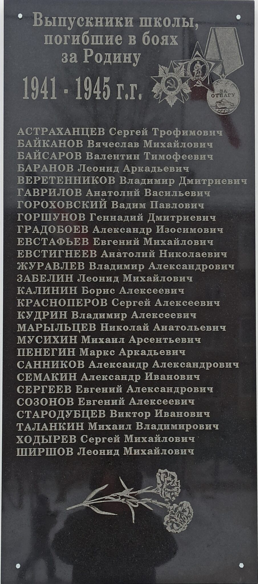 Мемориальная доска в память о выпускнихах школы, погибших в боях за Родину 1941-1945 гг.